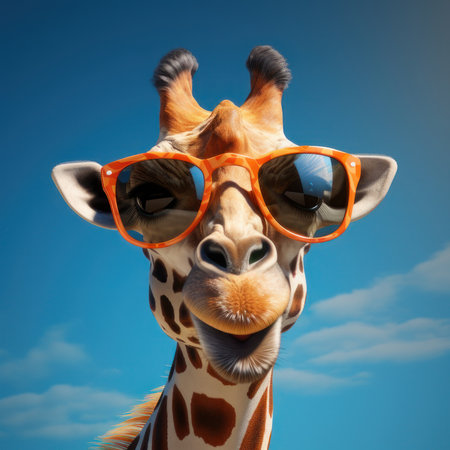 Giraffe in sunglasses against the sky. AI generative. Illustration in photorealistic style.の素材