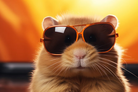 Hamster in sunglasses on an orange background. AI generative. Illustration in photorealistic style.の素材