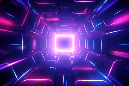 Abstract neon background, neon corridor. AI generative. Background for a website, application.の素材