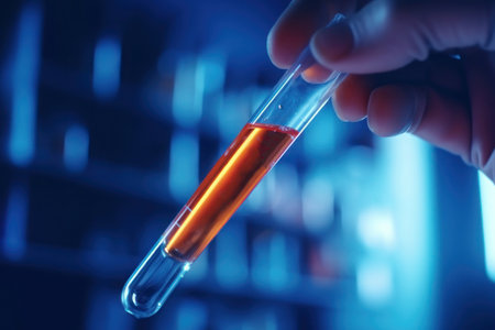 Human hand and test tube. Medicine, science. AI generative. Illustration in photorealistic style.の素材
