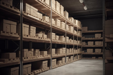 Boxes on shelves in a warehouse. Production, warehouse. AI generative. Illustration in photorealistic style.の素材