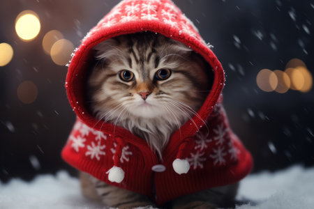 New Year card. A cat in a New Year's suit, snow is falling. AI generative. Illustration in photorealistic style.の素材