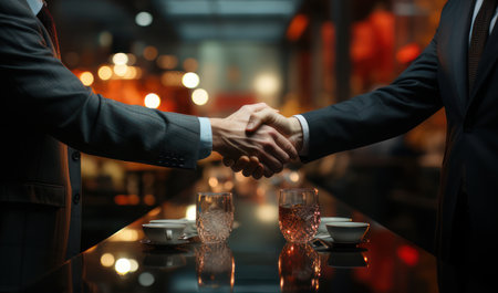 Business negotiations. Handshake of men in suits and table. AI generative. Illustration in photorealistic style.の素材