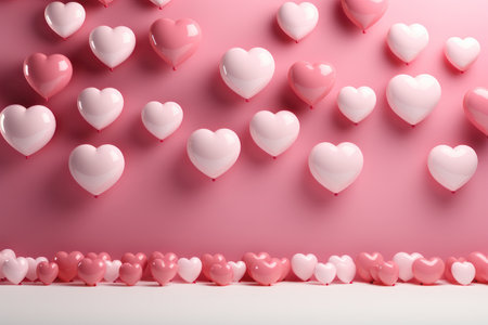 Valentine's day background. Hearts balloons on a pink wall background. AI generative. Illustration in photorealistic style.の素材