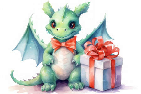 Green cute dragon with a gift on a white background, watercolor. Holiday card. AI generative. Illustration in watercolor drawing style.の素材