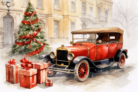 Retro red car, gifts and Christmas tree, illustration in watercolor style. AI generative. Illustration in watercolor drawing style.の素材