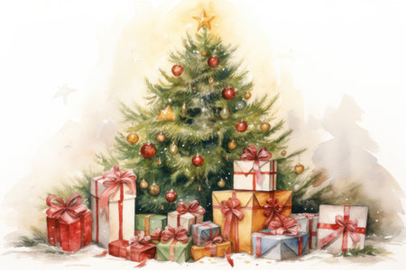 Christmas tree and gifts, illustration in watercolor style. New Year. AI generative. Illustration in watercolor drawing style.の素材