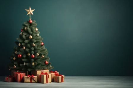Christmas background with copy space, Christmas tree with gifts on the background of a green wall. AI generative. Illustration in photorealistic style.の素材