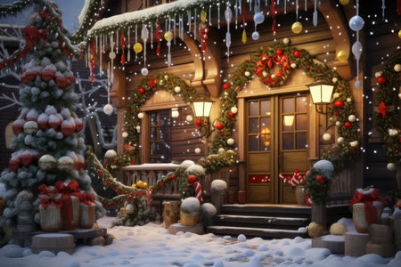 New Year decorations on the house and a New Year tree. AI generative. Illustration in photorealistic style.の素材