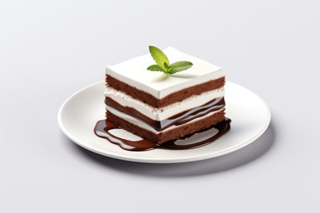 Cake with chocolate in a plate on a white background. AI generative. Illustration in photorealistic style.の素材