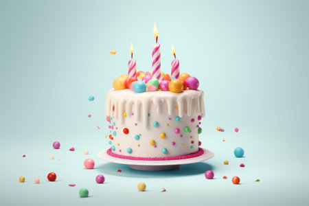 Birthday cake with candles on a blue background. AI generative. Illustration in photorealistic style.の素材