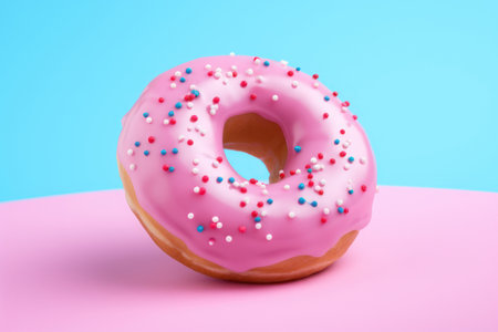 Pink donut on a blue and pink background. AI generative. Illustration in photorealistic style.の素材