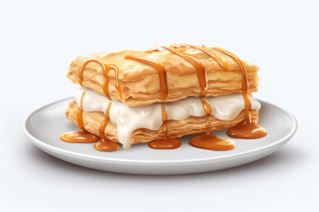 Strudel with ice cream and syrup in a plate on a white background. AI generative. Illustration in photorealistic style.の素材