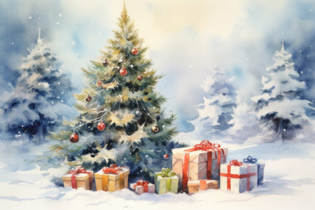 Christmas tree and gifts in a snowy forest, illustration in watercolor style. New Year postcard. AI generative. Illustration in watercolor drawing style.の素材
