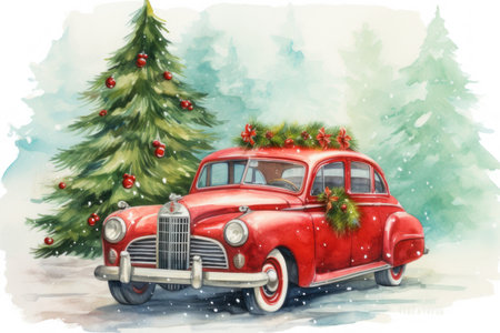 Retro red car and Christmas tree, illustration in watercolor style. New Year card. AI generative. Illustration in watercolor drawing style.の素材