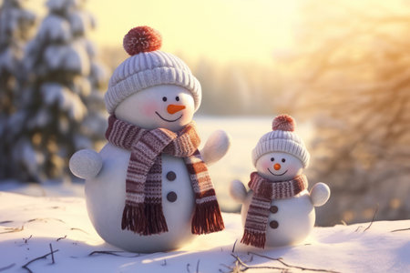 Two snowmen in a hat and scarf, parent and child. AI generative. Illustration in photorealistic style.の素材