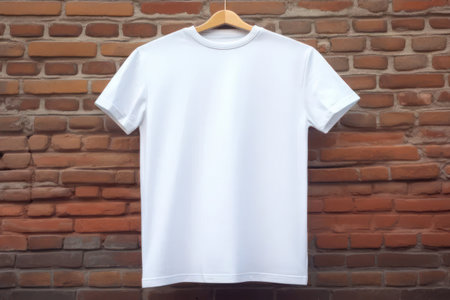 Mockup. White T-shirt on a brick wall background, template. AI generative. Illustration in photorealistic style.の素材