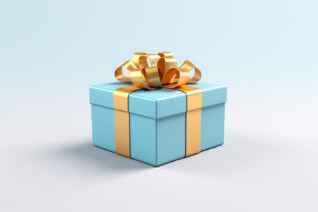 Blue gift with gold ribbon on a light background. AI generative. Illustration in photorealistic style.の素材