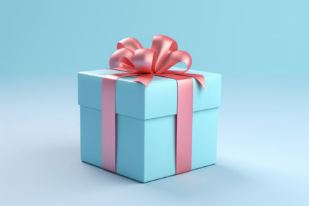 Blue gift with pink ribbon on a blue background. AI generative. Illustration in photorealistic style.の素材