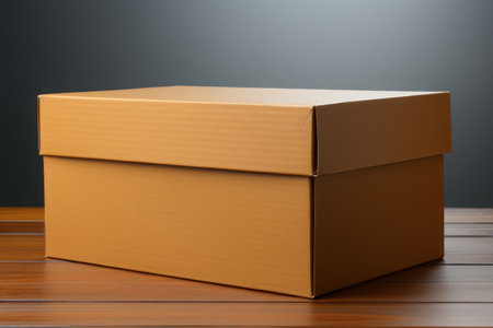Mockup. Cardboard box on a wooden table. AI generative. Illustration in photorealistic style.の素材