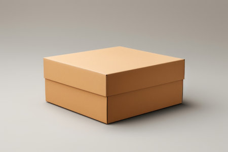 Mockup. Cardboard box with a lid on a light background. AI generative. Illustration in photorealistic style.の素材