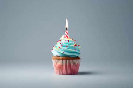 Festive cupcake with candle. Festive background. AI generative. Illustration in photorealistic style.の素材