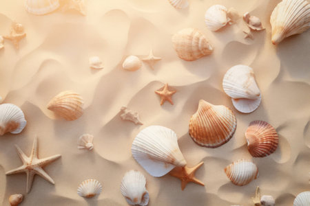 Seashells on the sand on the beach. AI generative. Illustration in photorealistic style.の素材