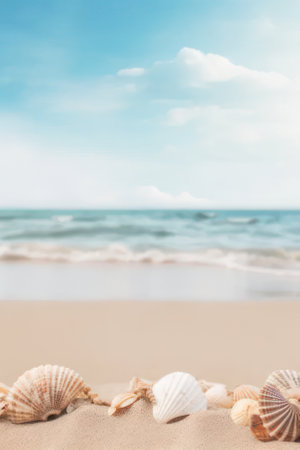 Seashells on the beach against the backdrop of the sea. vertical background with copy space. AI generative. Illustration in photorealistic style.の素材