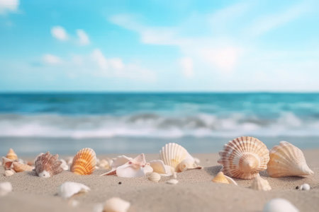 Seashells on the beach against the backdrop of the sea. Copy space background. AI generative. Illustration in photorealistic style.の素材