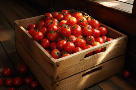 Wooden box with tomatoes, harvest. AI generative. Illustration in photorealistic style.の素材