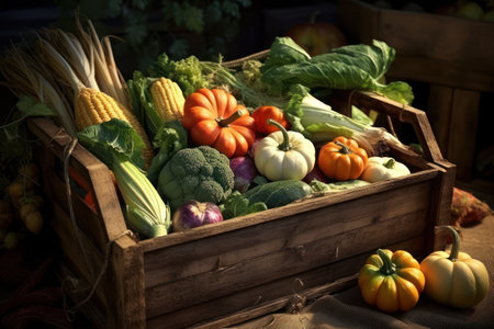 Wooden box with vegetables, autumn harvest. AI generative. Illustration in photorealistic style.の素材