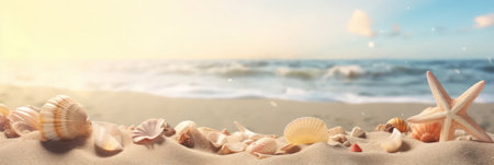 Banner. Shells and starfish on the beach against the backdrop of the sea. AI generative. Illustration in photorealistic style.の素材