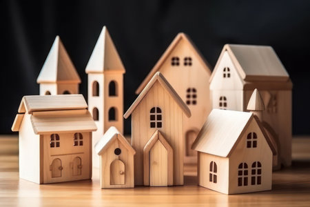 Toy wooden houses. Purchase and rental of real estate. AI generative. Illustration in photorealistic style.の素材