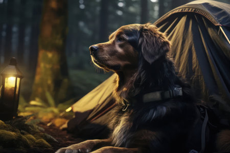 Dog, lantern and tent in the forest in the evening. Travel, tourism. AI generative. Illustration in photorealistic style.の素材