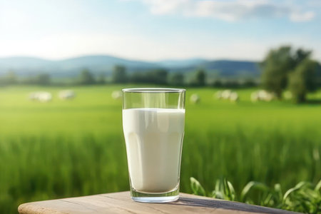 A glass of milk against a background of green meadow and mountains. AI generative. Illustration in photorealistic style.の素材