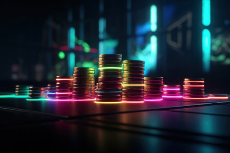 Coins and neon light. Horizontal background. Business concept. AI generative. Illustration in photorealistic style.の素材