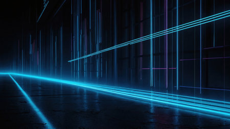 Abstract horizontal background. Neon lines on a black background. Background for a website, application. AI generative. Illustration in photorealistic style.の素材