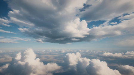 Horizontal background. Clouds in the blue sky, view from an airplane. AI generative. Illustration in photorealistic style.の素材