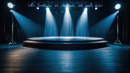 Concert stage with curtain and blue spotlights. Background for advertising. Concert, performance. AI generative. Illustration in photorealistic style.の素材