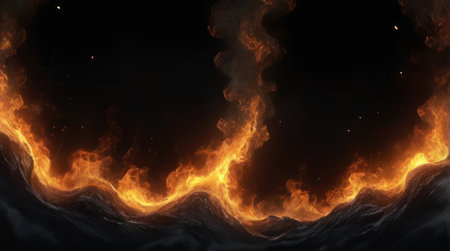 Fire on a black background. Horizontal background. AI generative. Illustration in photorealistic style.の素材