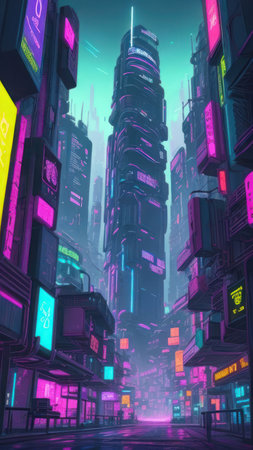 Fantastic city of the future, vertical illustration, cyberpunk style. AI generative. Illustration in cyberpunk style.の素材