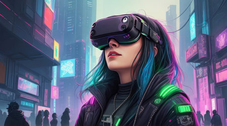 Girl wearing virtual reality glasses in a fantasy city of the future, horizontal cyberpunk illustration. AI generative. Illustration in cyberpunk style.の素材