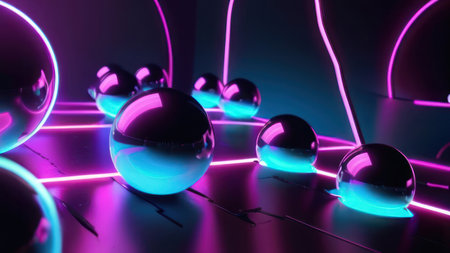Abstract horizontal background, neon balls. AI generative. Illustration in photorealistic style.の素材