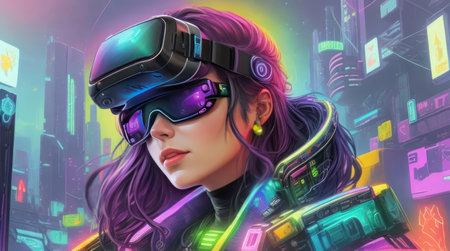 Girl wearing virtual reality glasses in a fantasy city of the future, cyberpunk illustration. AI generative. Illustration in cyberpunk style.の素材