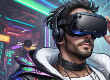 A man in virtual reality glasses in the city of the future, illustration, cyberpunk style. AI generative. Illustration in cyberpunk style.の素材