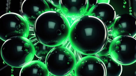 Abstract horizontal background, neon green balls on a dark background. AI generative. Illustration in photorealistic style.の素材