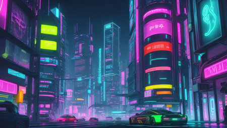 Fantastic city of the future, neon colors, horizontal illustration, cyberpunk style. AI generative. Illustration in cyberpunk style.の素材