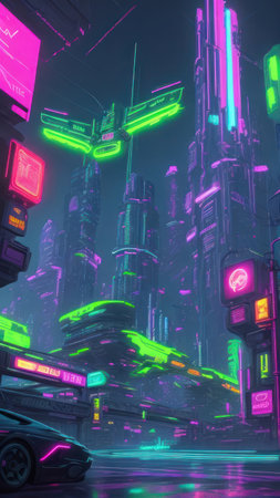 Fantastic city of the future with skyscrapers, neon colors, vertical illustration, cyberpunk style. AI generative. Illustration in cyberpunk style.の素材