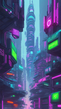 Fantastic city of the future with skyscrapers, vertical illustration, cyberpunk style. AI generative. Illustration in cyberpunk style.の素材