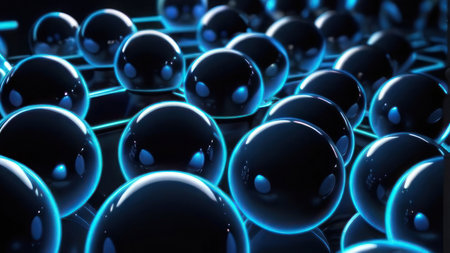 Abstract horizontal background, neon blue balls on a dark background. AI generative. Illustration in photorealistic style.の素材